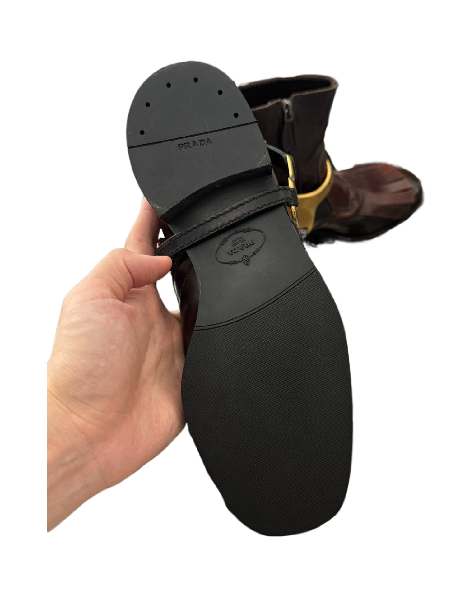 Prada Men’s Archive Fringe Harness Chelsea Boots – Rare Dark Brown Leather & Gold Hardware Combat Boots