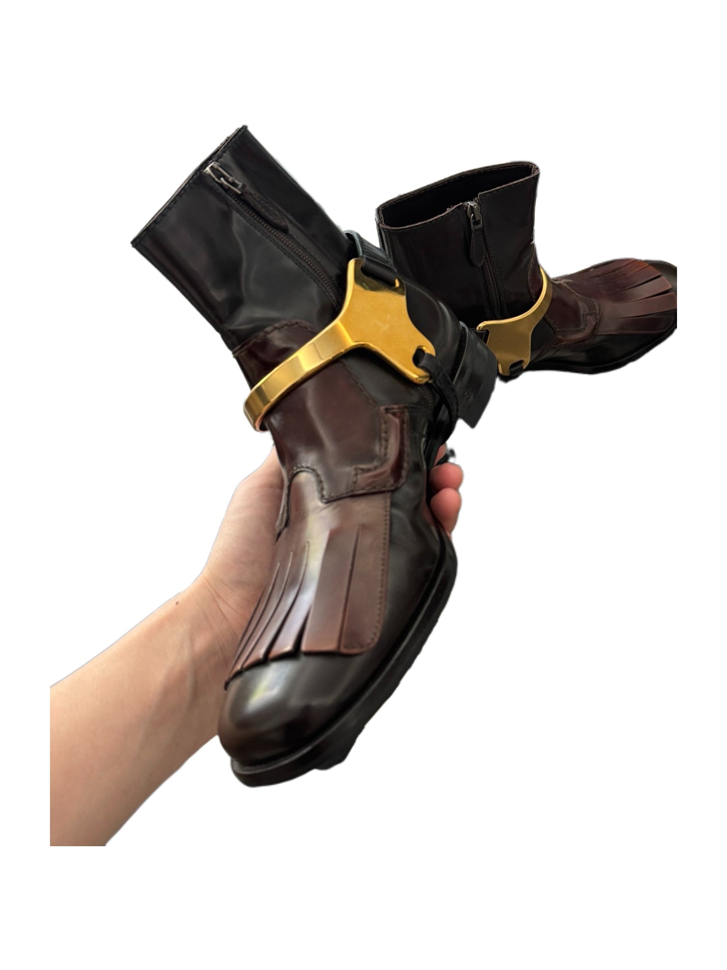 Prada Men’s Archive Fringe Harness Chelsea Boots – Rare Dark Brown Leather & Gold Hardware Combat Boots