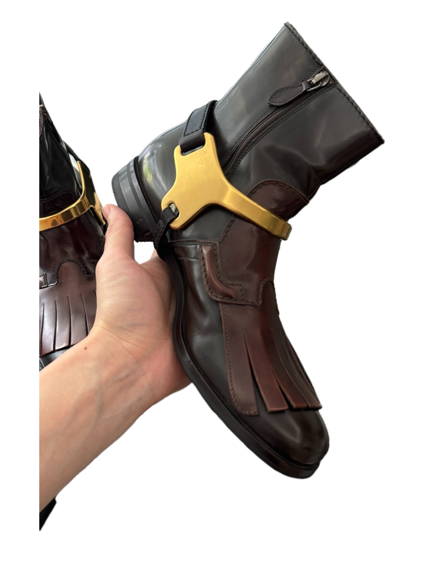 Prada Men’s Archive Fringe Harness Chelsea Boots – Rare Dark Brown Leather & Gold Hardware Combat Boots