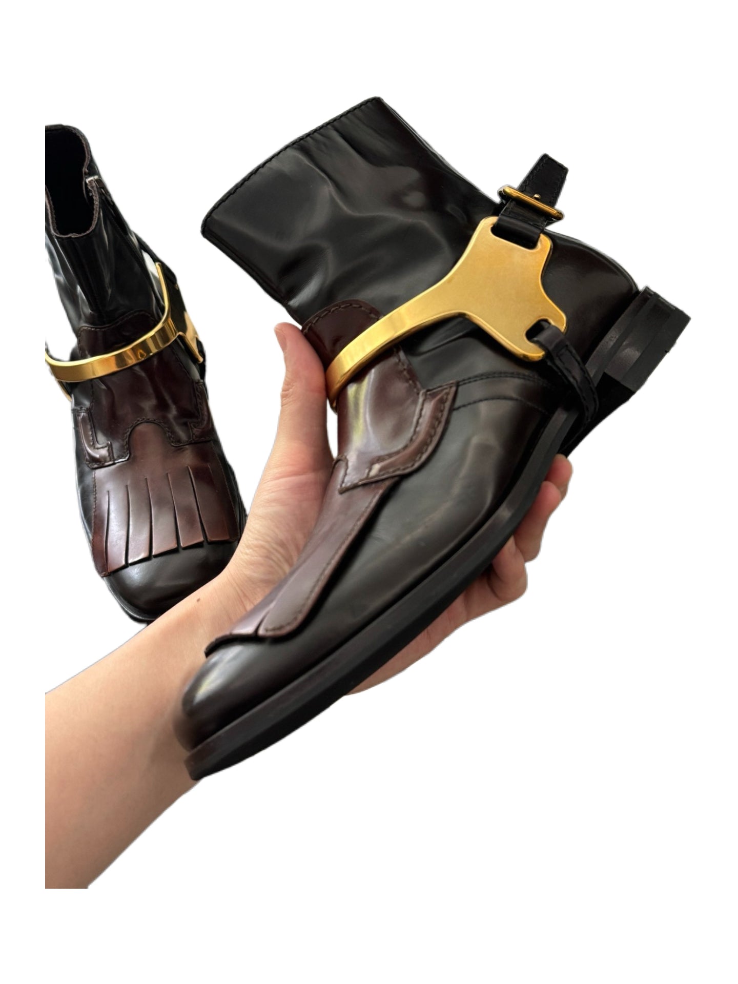 Prada Men’s Archive Fringe Harness Chelsea Boots – Rare Dark Brown Leather & Gold Hardware Combat Boots