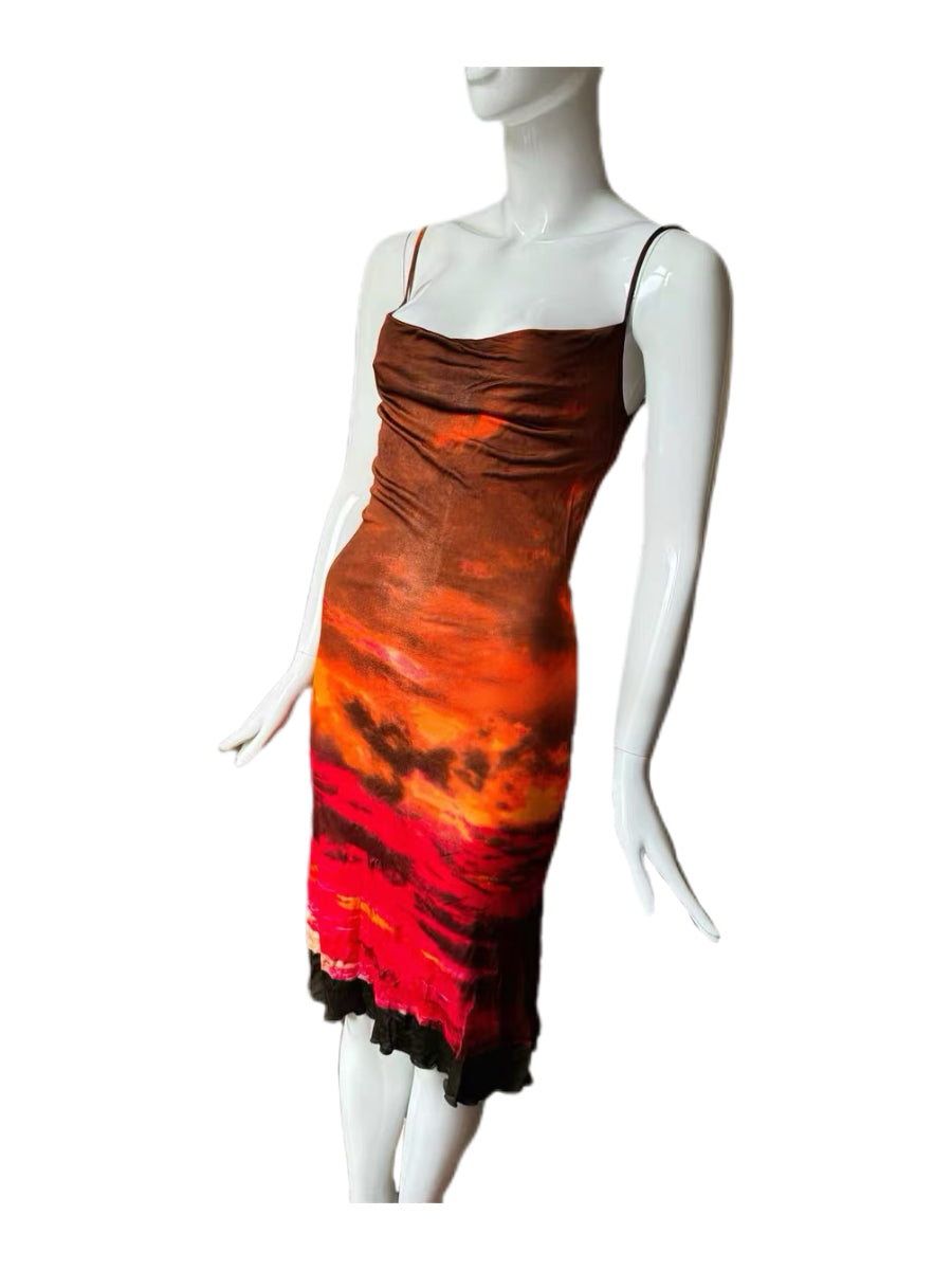 Roberto Cavalli Vintage Sunset Landscape Print Silk Dress – Rare Archive Flame Gradient Spaghetti Strap Evening Dress