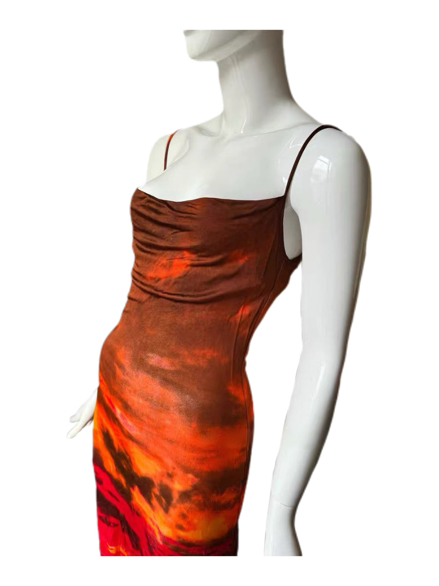 Roberto Cavalli Vintage Sunset Landscape Print Silk Dress – Rare Archive Flame Gradient Spaghetti Strap Evening Dress