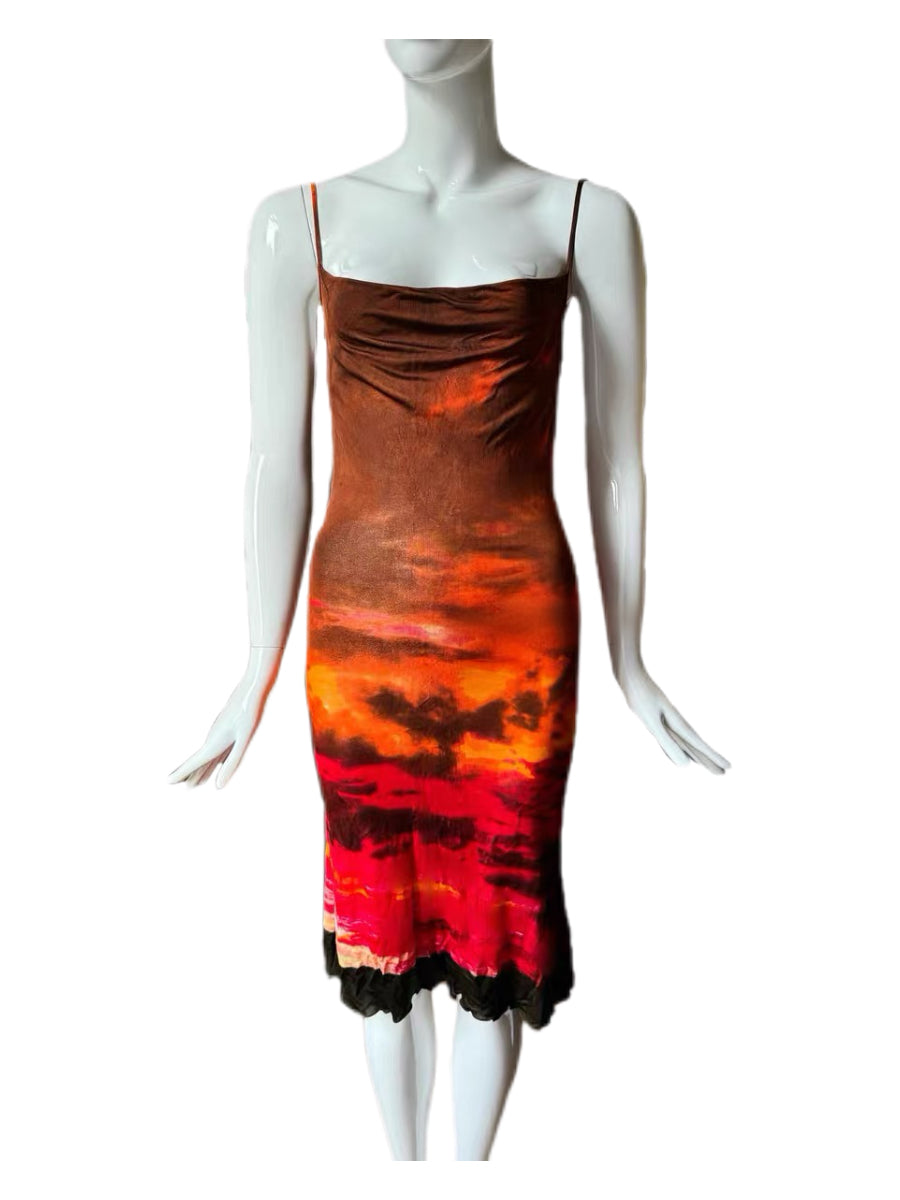 Roberto Cavalli Vintage Sunset Landscape Print Silk Dress – Rare Archive Flame Gradient Spaghetti Strap Evening Dress