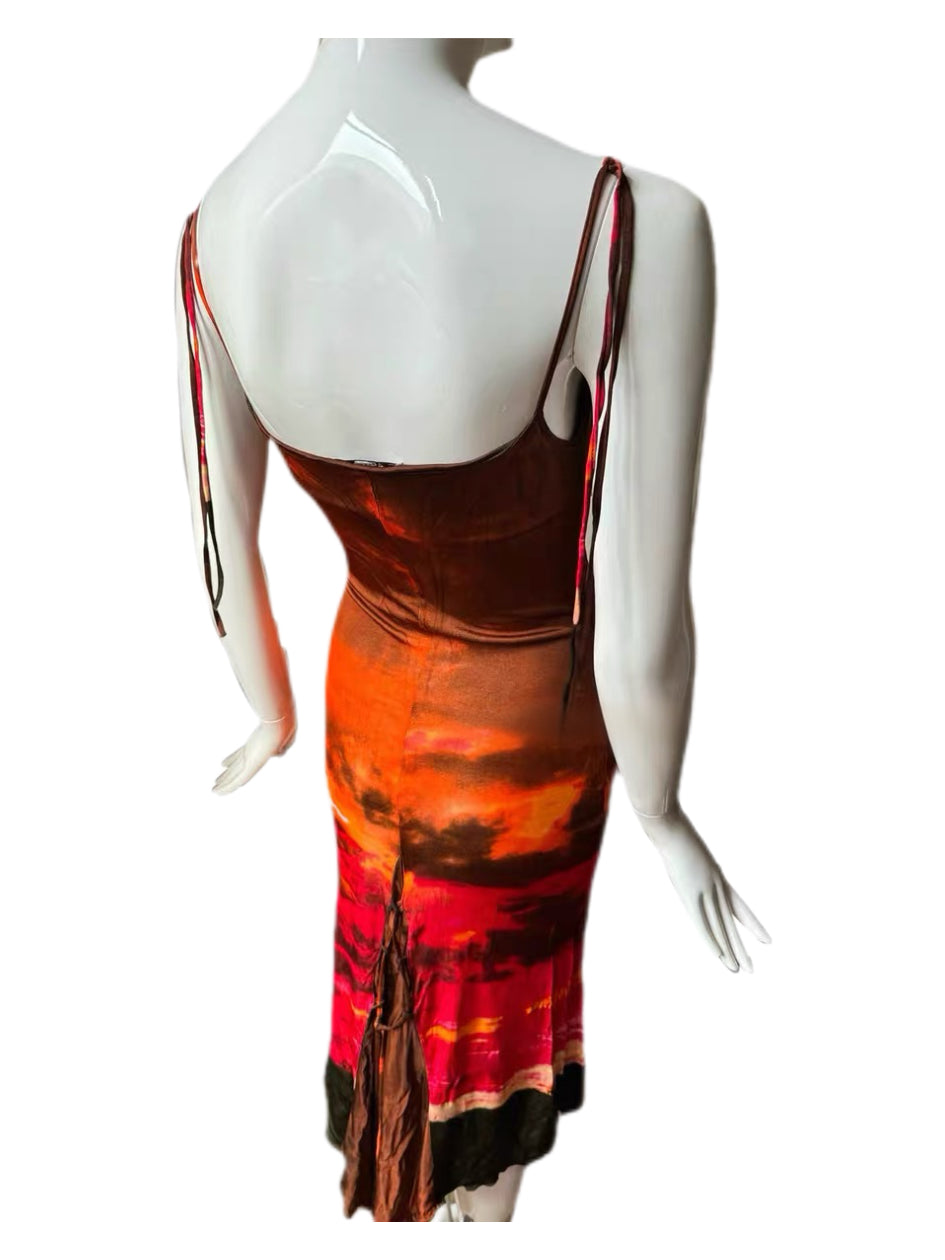 Roberto Cavalli Vintage Sunset Landscape Print Silk Dress – Rare Archive Flame Gradient Spaghetti Strap Evening Dress