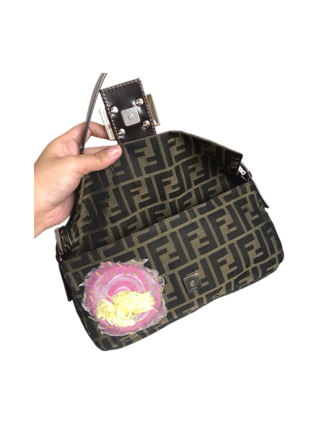 Fendi Zucca Embroidered Floral Baguette Bag – Limited Edition FF Canvas Pink Flower Appliqué Shoulder Bag