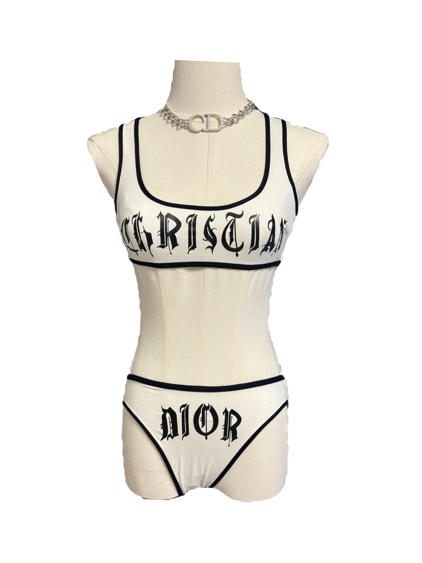 Christian Dior by John Galliano Gothic Logo Bodywear Set – Rare Archive White & Black Sports Bra & Brief Set