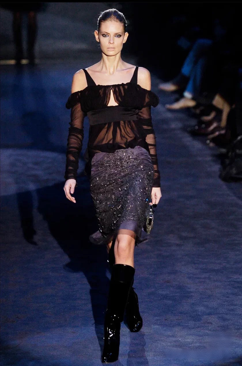 Gucci F/W 2005 Runway Black Silk Chiffon Cold-Shoulder Blouse – Rare Archive Tom Ford Era Evening Top