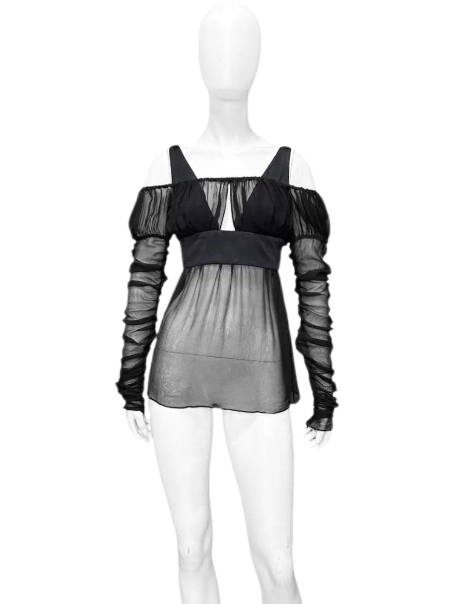Gucci F/W 2005 Runway Black Silk Chiffon Cold-Shoulder Blouse – Rare Archive Tom Ford Era Evening Top