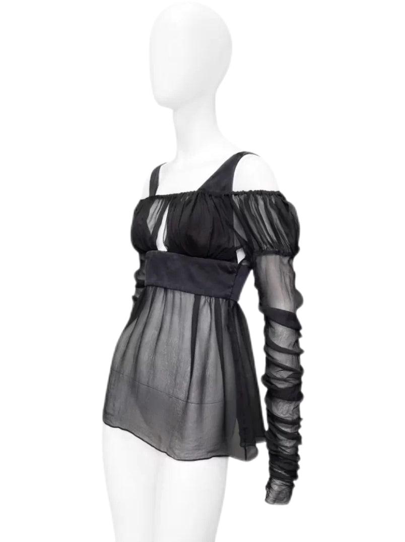 Gucci F/W 2005 Runway Black Silk Chiffon Cold-Shoulder Blouse – Rare Archive Tom Ford Era Evening Top