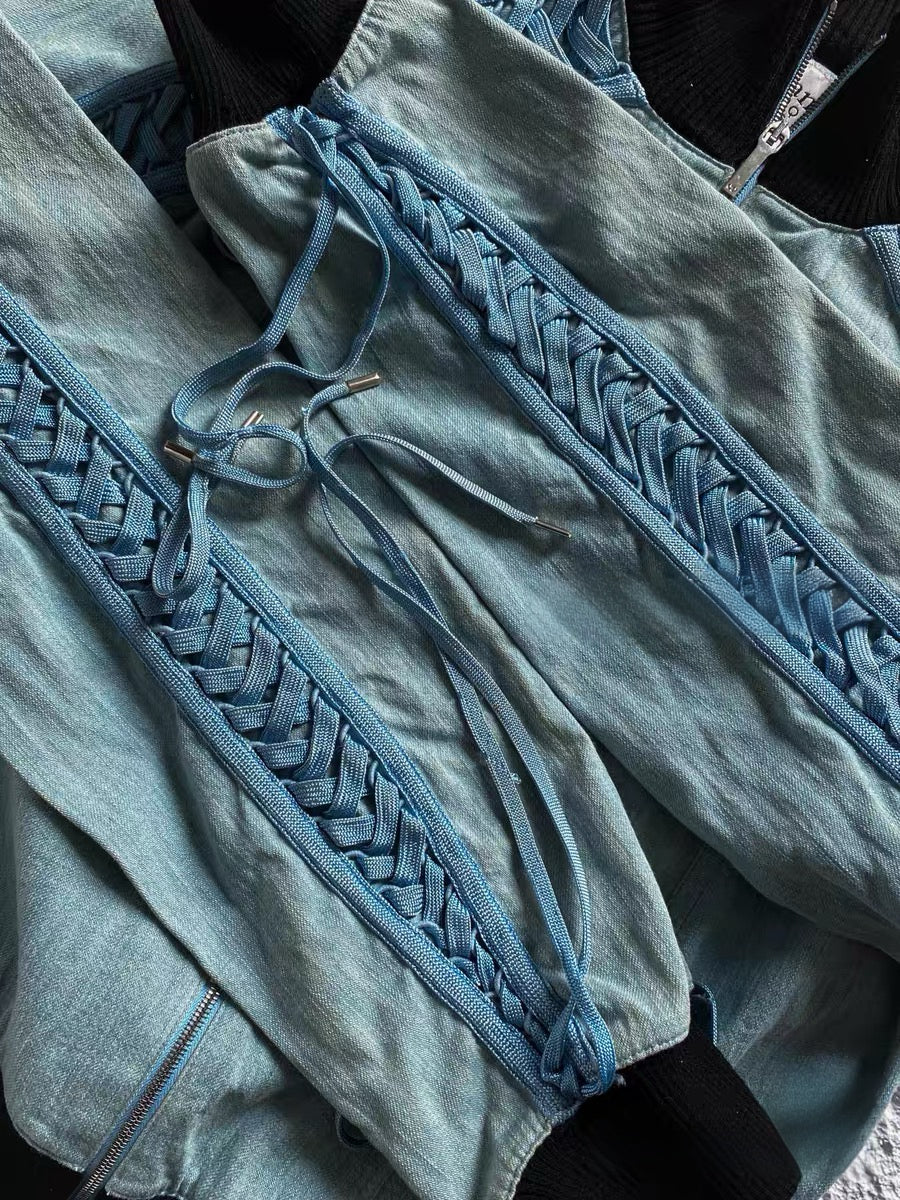 Christian Dior by John Galliano S/S 2002 Lace-Up Denim Bomber Jacket – Rare Archive Blue Corset Detail Jacket