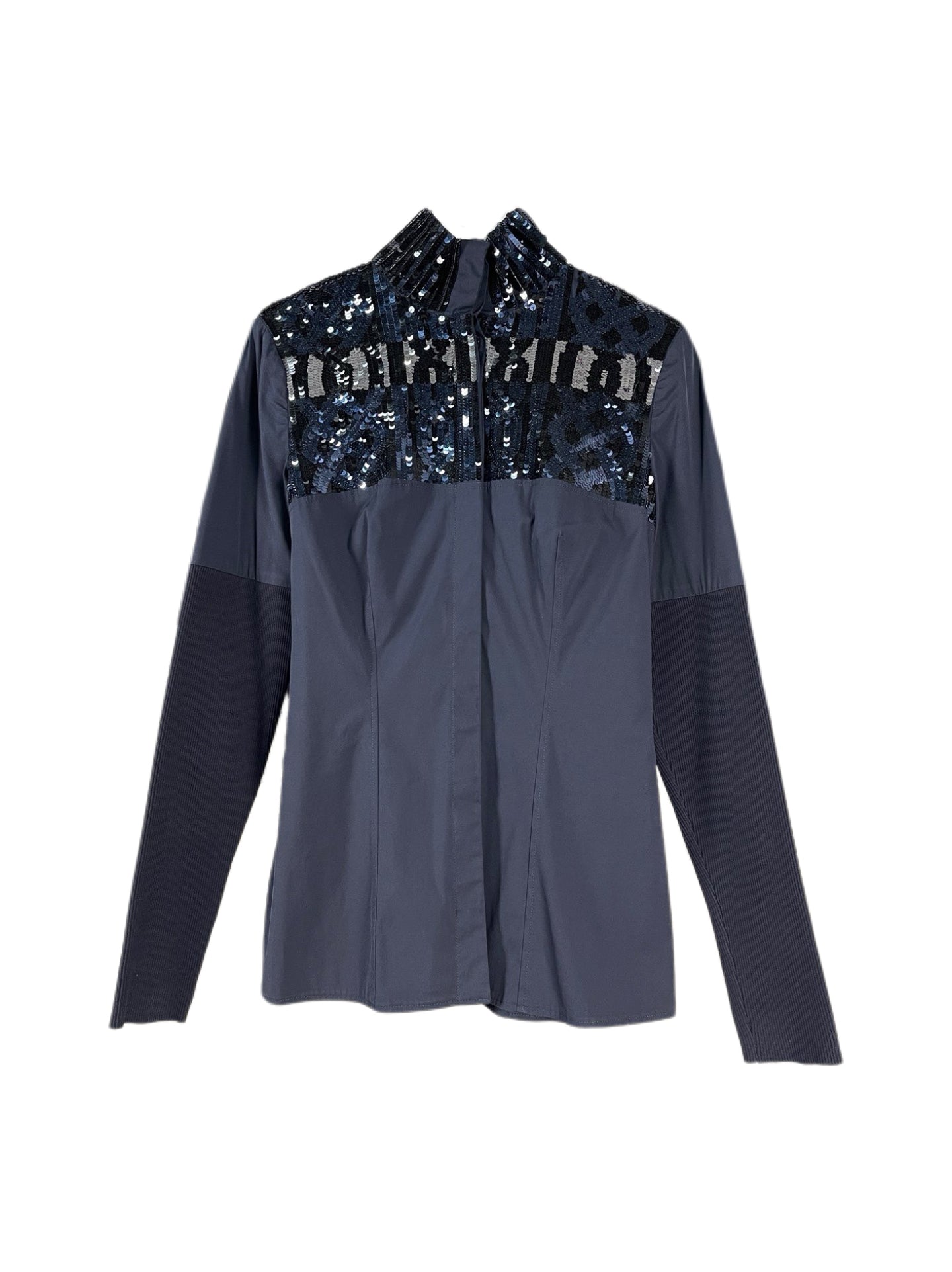 Christian Dior Runway Navy Sequin Embroidered High-Neck Shirt – Modern Collection Couture Evening Top