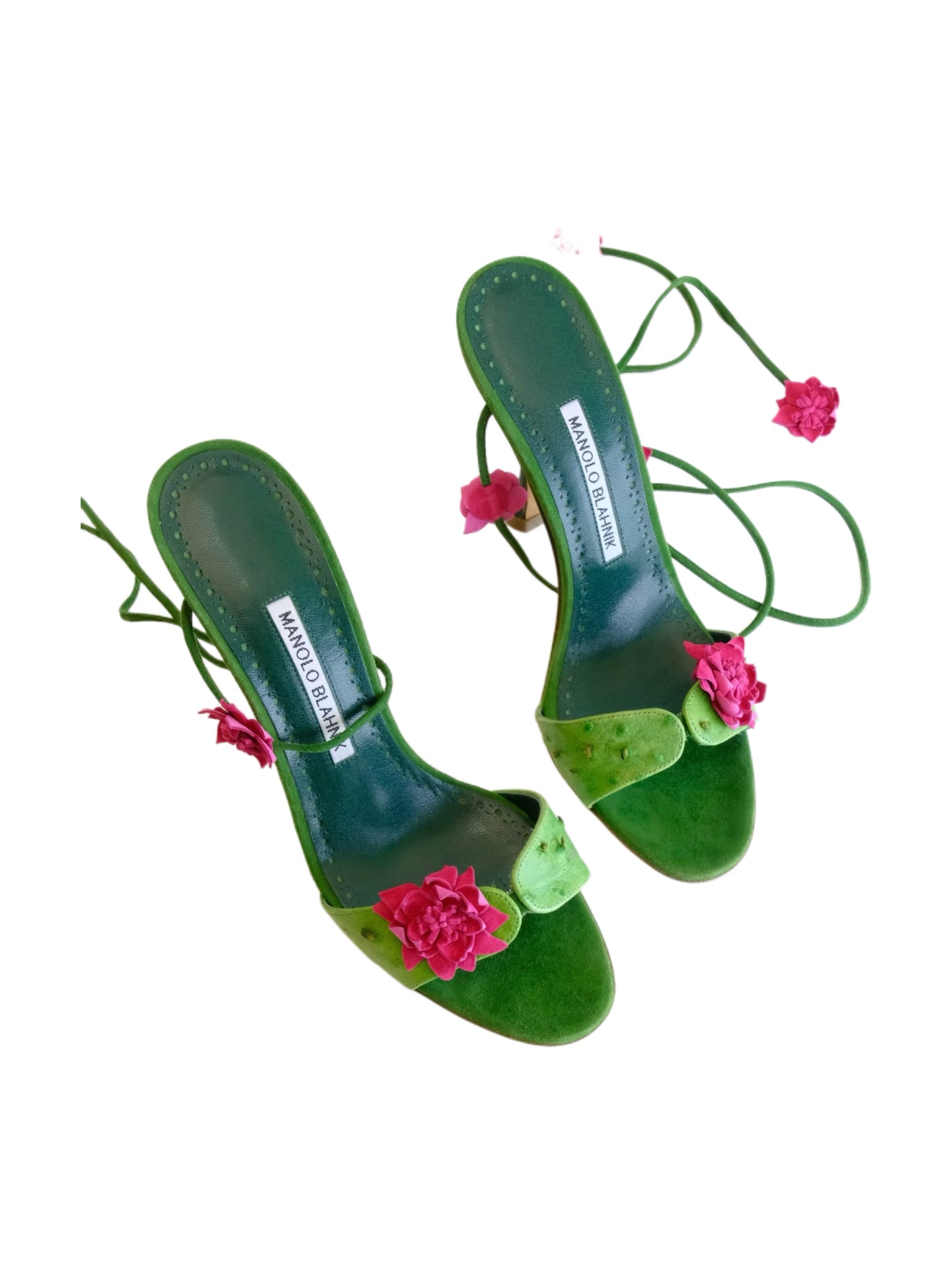 MANOLO BLAHNIK Green Leather Floral Lace-Up Sandals – Rare Archive 3D Flower Heels
