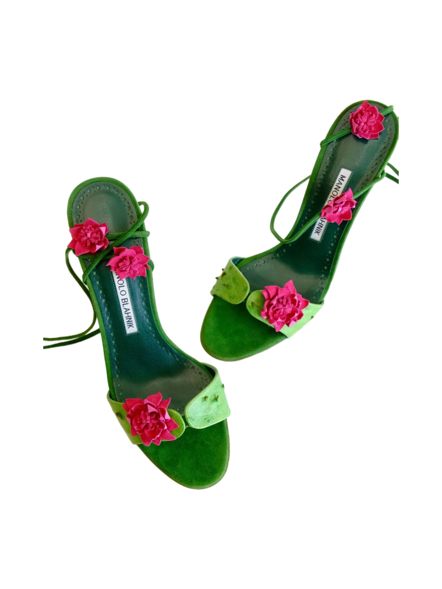 MANOLO BLAHNIK Green Leather Floral Lace-Up Sandals – Rare Archive 3D Flower Heels