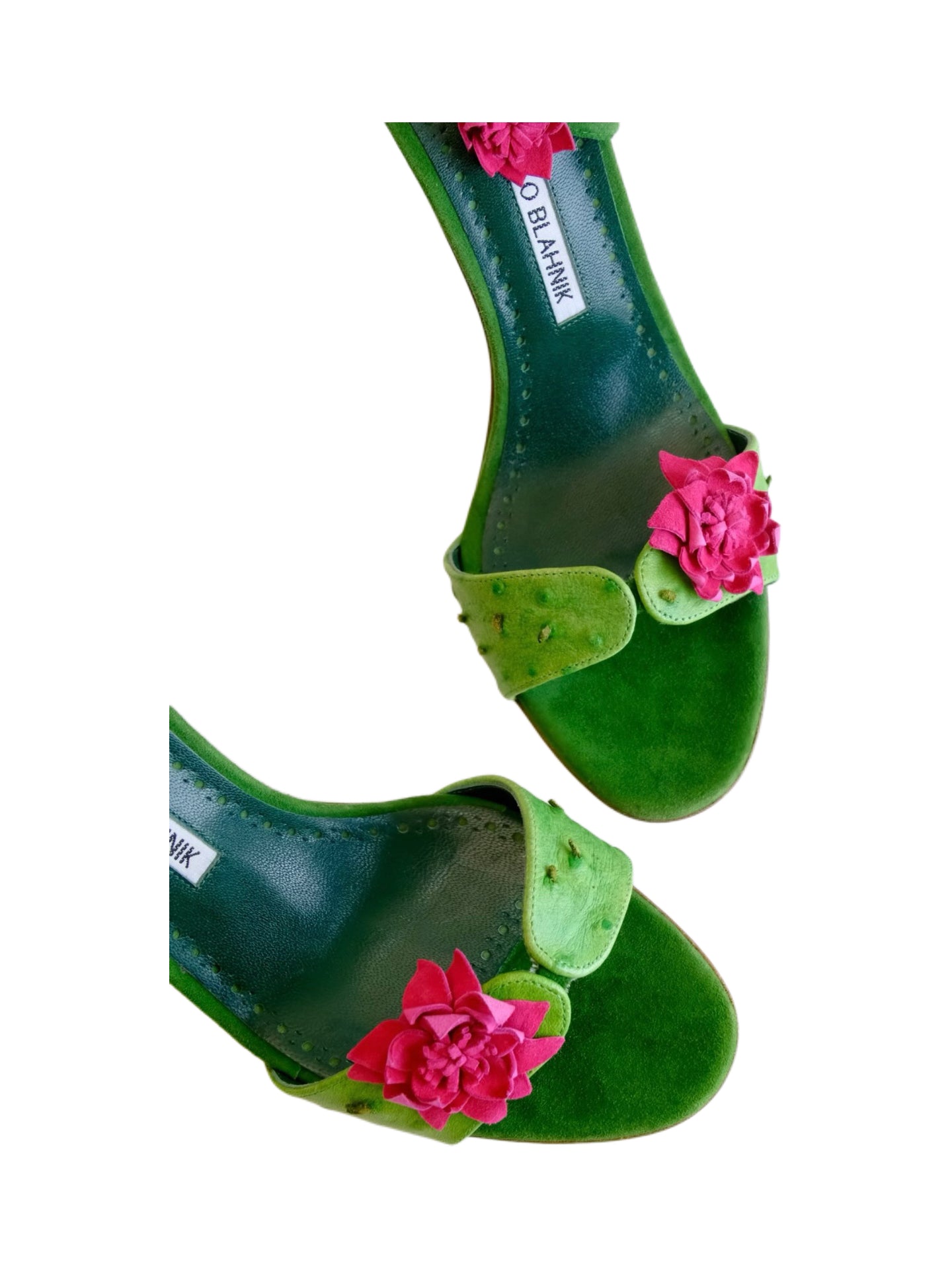 MANOLO BLAHNIK Green Leather Floral Lace-Up Sandals – Rare Archive 3D Flower Heels