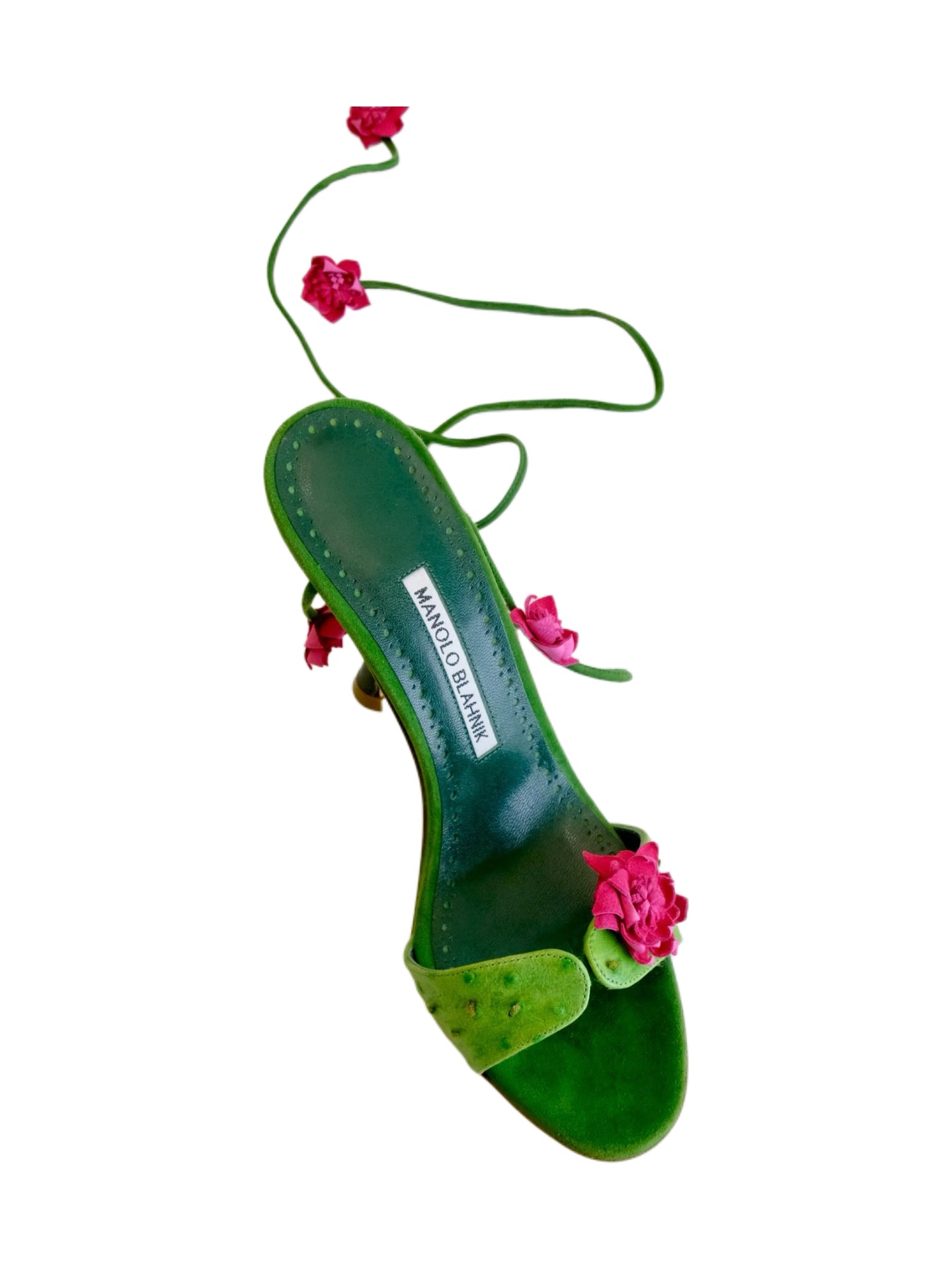 MANOLO BLAHNIK Green Leather Floral Lace-Up Sandals – Rare Archive 3D Flower Heels