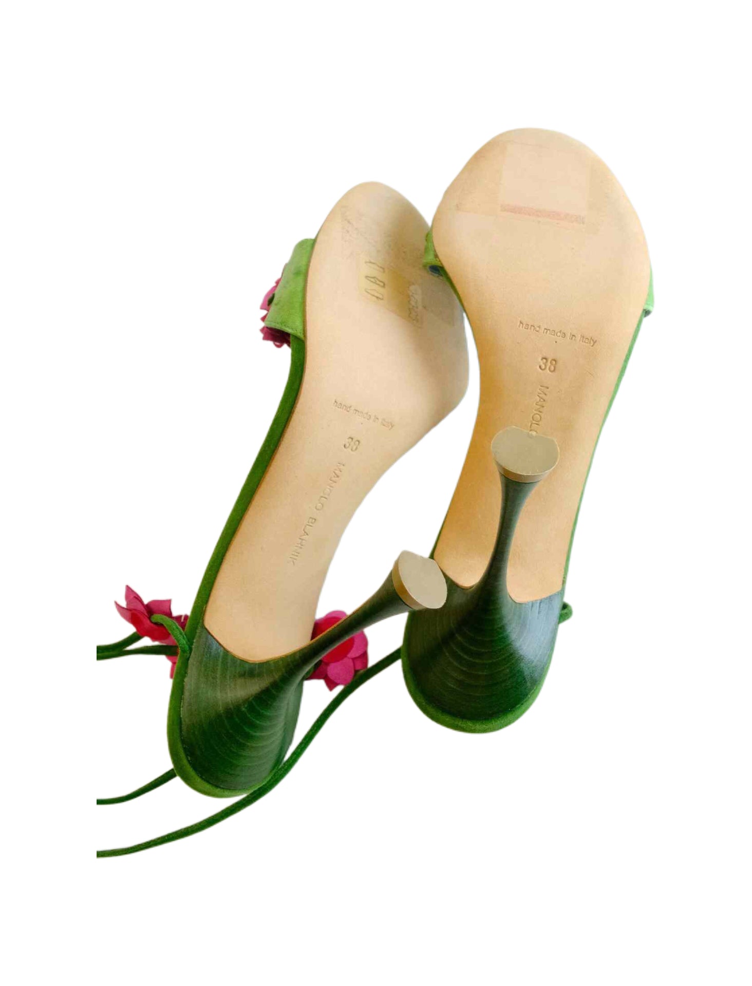 MANOLO BLAHNIK Green Leather Floral Lace-Up Sandals – Rare Archive 3D Flower Heels