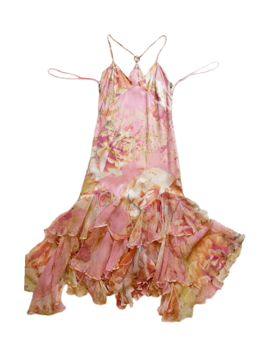 Roberto Cavalli S/S 2000 Pink Silk Rose Print Asymmetric Ruffle Dress – Rare Y2K Runway Slip Dress