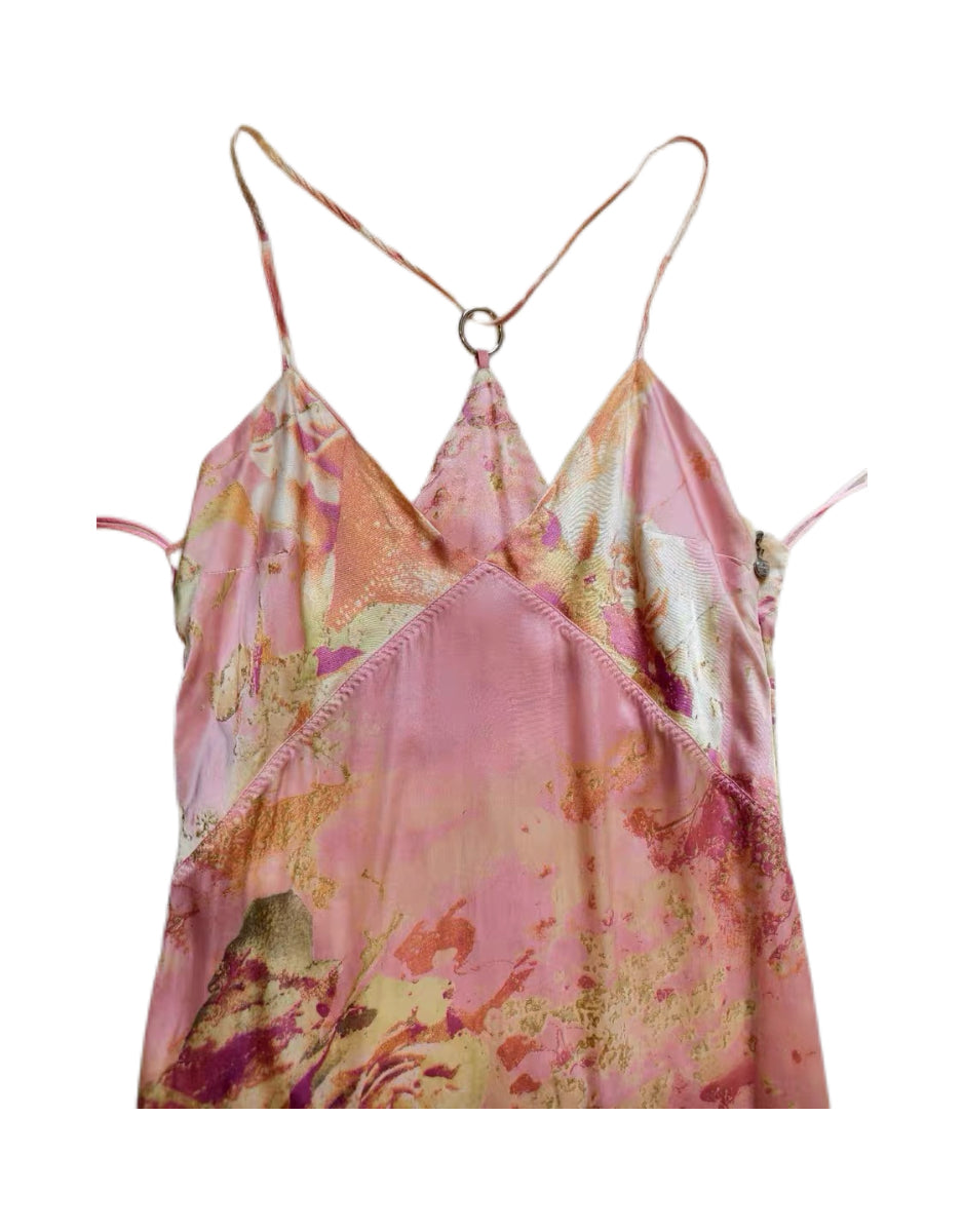 Roberto Cavalli S/S 2000 Pink Silk Rose Print Asymmetric Ruffle Dress – Rare Y2K Runway Slip Dress