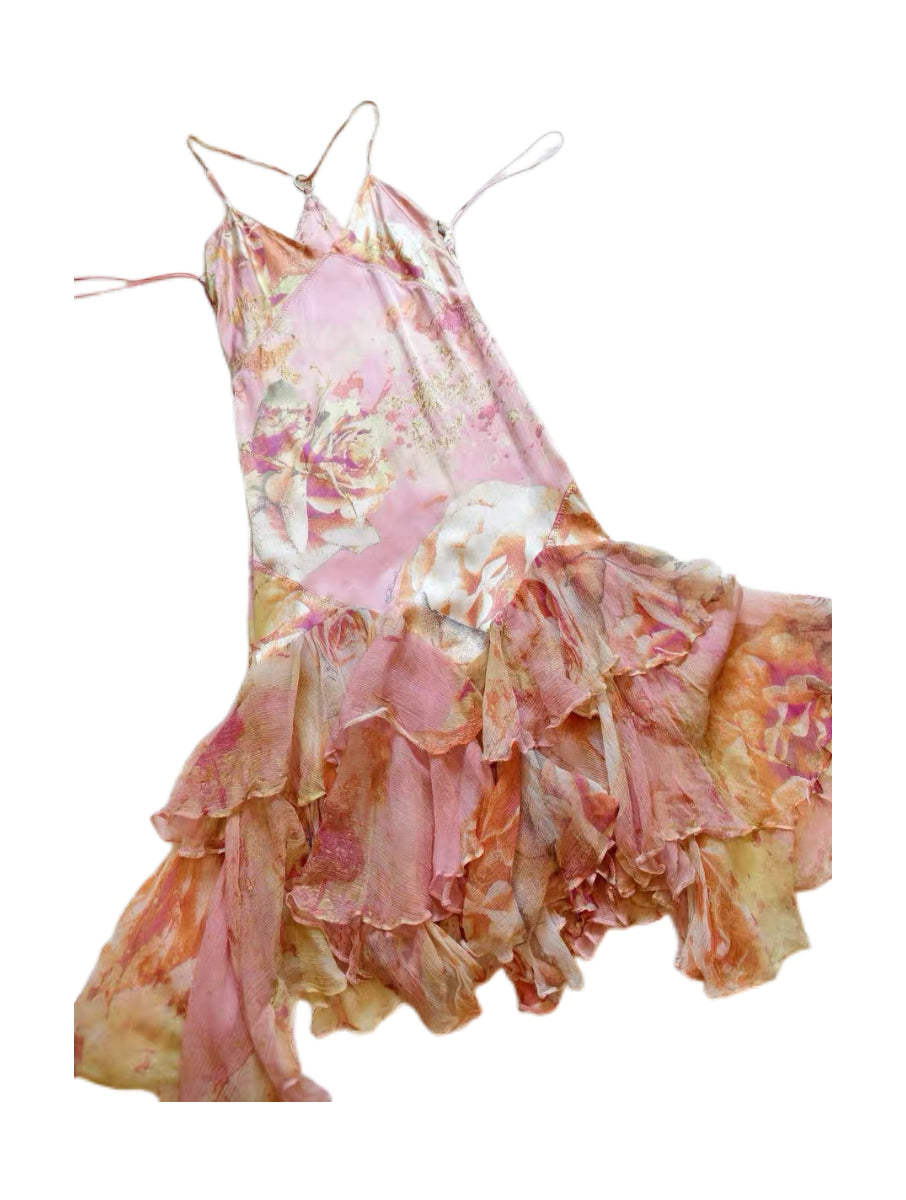 Roberto Cavalli S/S 2000 Pink Silk Rose Print Asymmetric Ruffle Dress – Rare Y2K Runway Slip Dress