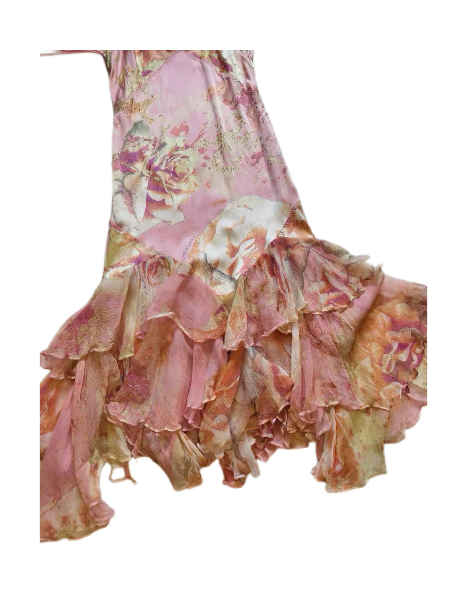 Roberto Cavalli S/S 2000 Pink Silk Rose Print Asymmetric Ruffle Dress – Rare Y2K Runway Slip Dress