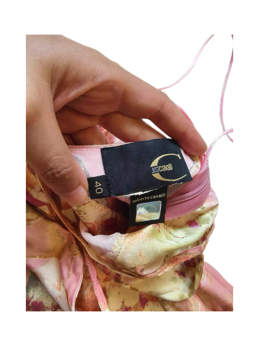 Roberto Cavalli S/S 2000 Pink Silk Rose Print Asymmetric Ruffle Dress – Rare Y2K Runway Slip Dress