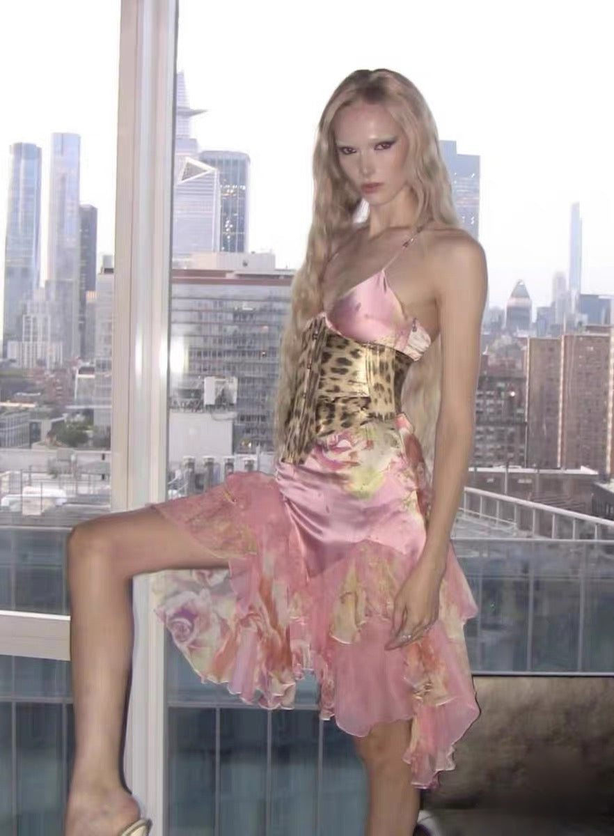 Roberto Cavalli S/S 2000 Pink Silk Rose Print Asymmetric Ruffle Dress – Rare Y2K Runway Slip Dress