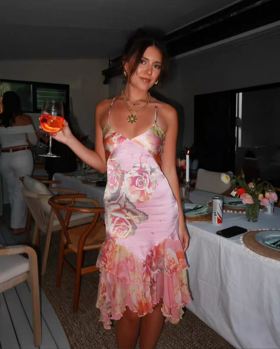 Roberto Cavalli S/S 2000 Pink Silk Rose Print Asymmetric Ruffle Dress – Rare Y2K Runway Slip Dress
