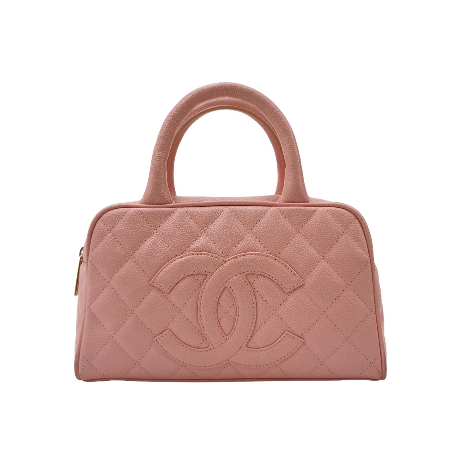 Chanel Quilted Caviar Leather Bowling Top Handle Bag – Pink CC Logo Boston Handbag