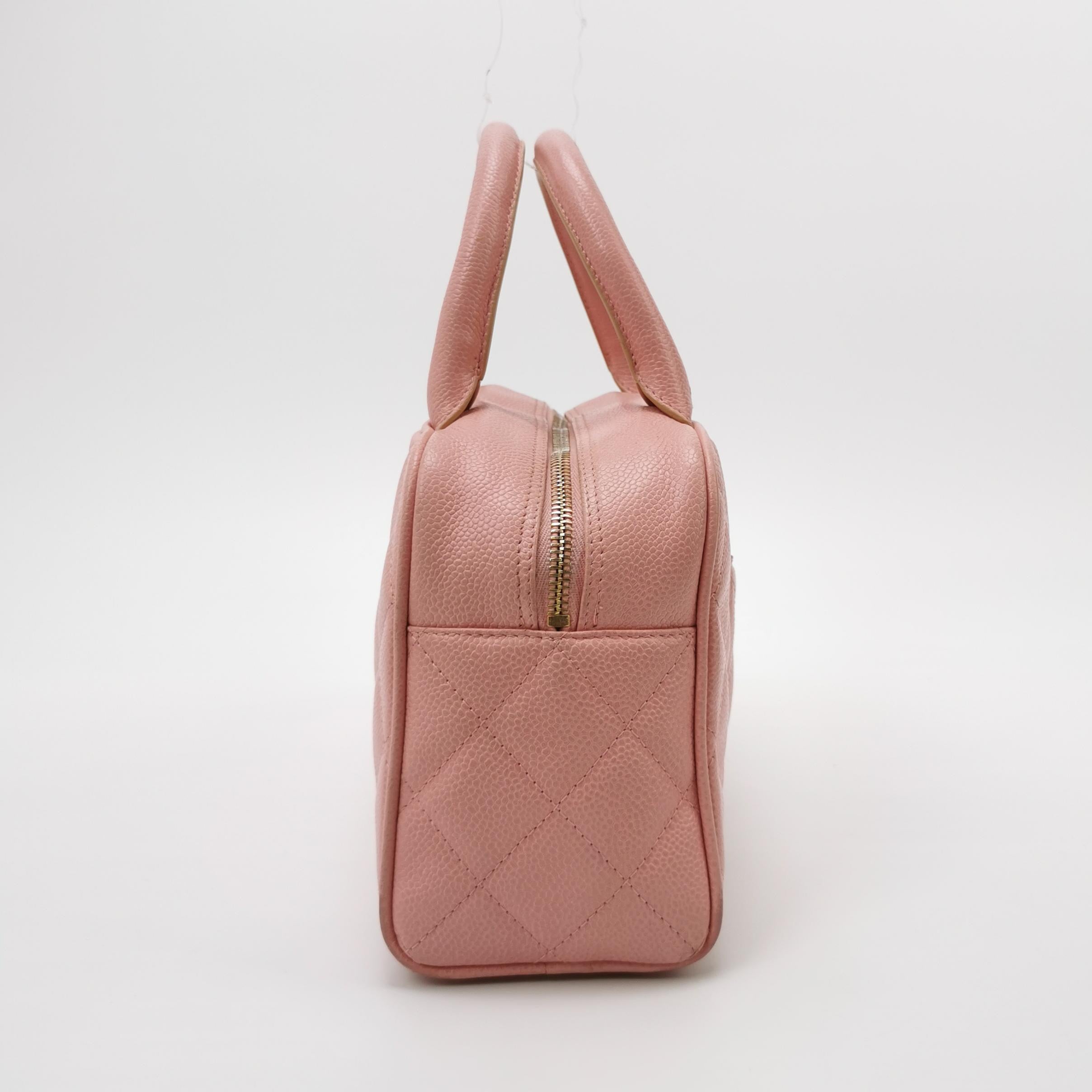 Chanel Quilted Caviar Leather Bowling Top Handle Bag – Pink CC Logo Boston Handbag