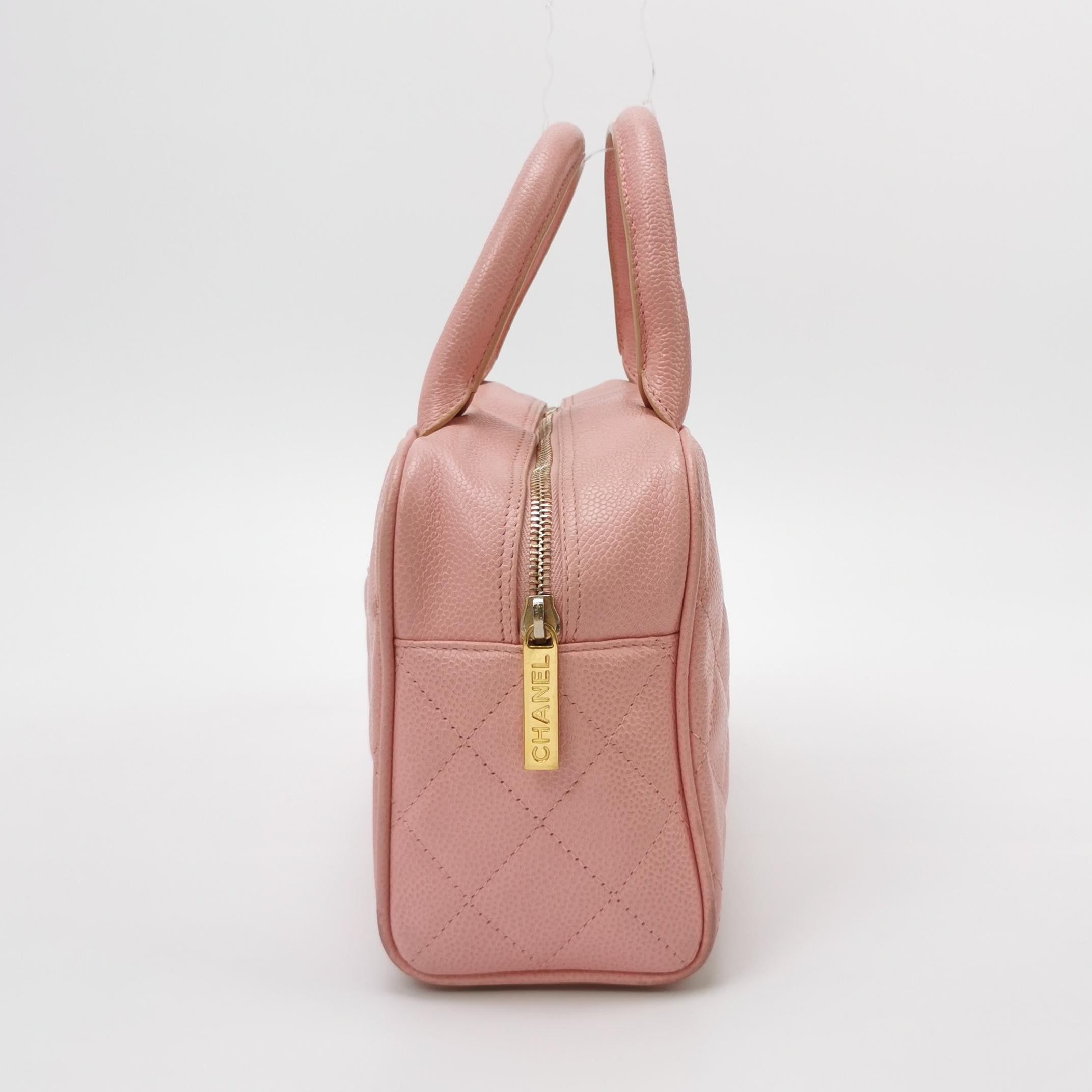 Chanel Quilted Caviar Leather Bowling Top Handle Bag – Pink CC Logo Boston Handbag