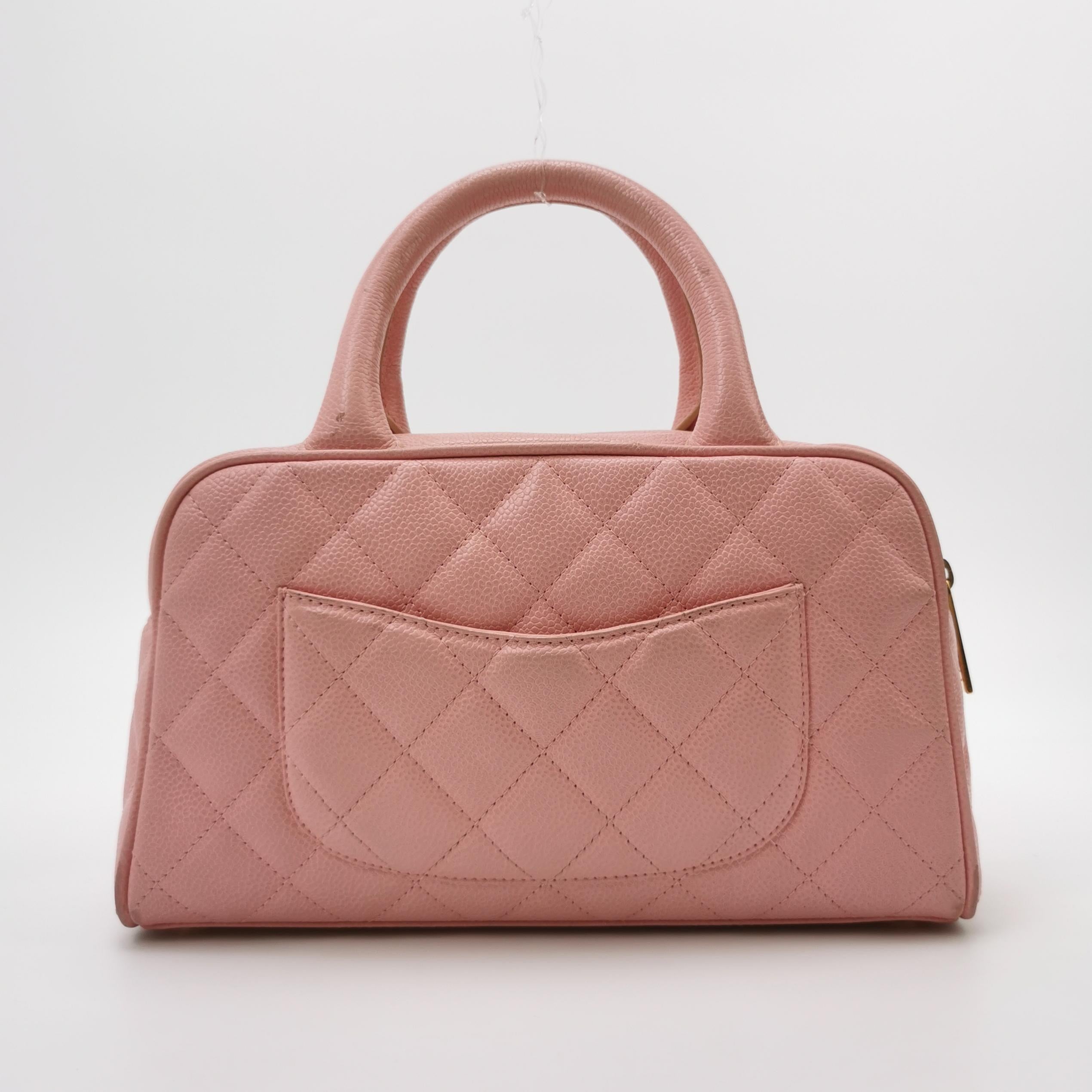 Chanel Quilted Caviar Leather Bowling Top Handle Bag – Pink CC Logo Boston Handbag