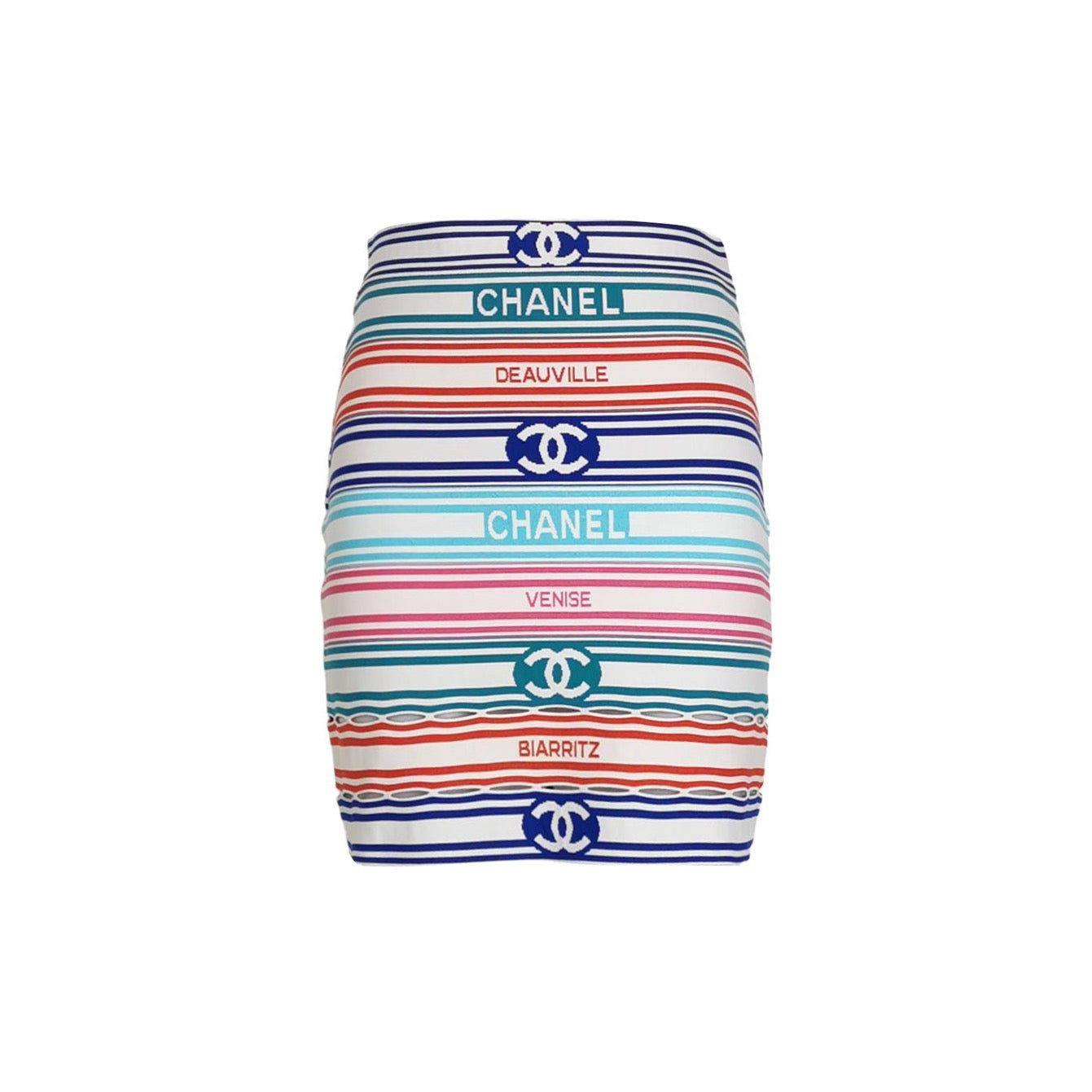 Chanel 19P Cruise “Deauville Venise Biarritz” Striped Logo Mini Skirt – Resort Graphic Cotton Piece