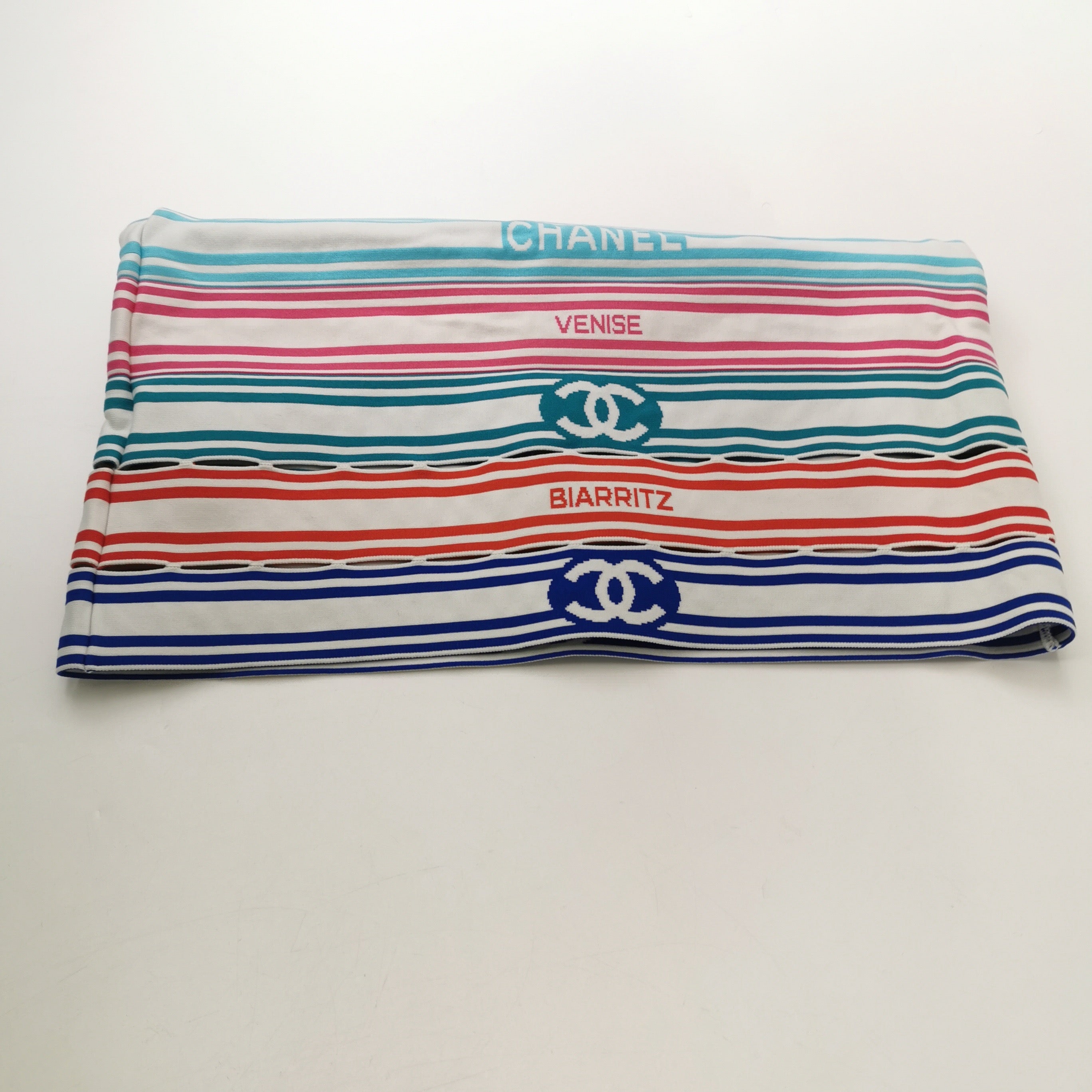 Chanel 19P Cruise “Deauville Venise Biarritz” Striped Logo Mini Skirt – Resort Graphic Cotton Piece