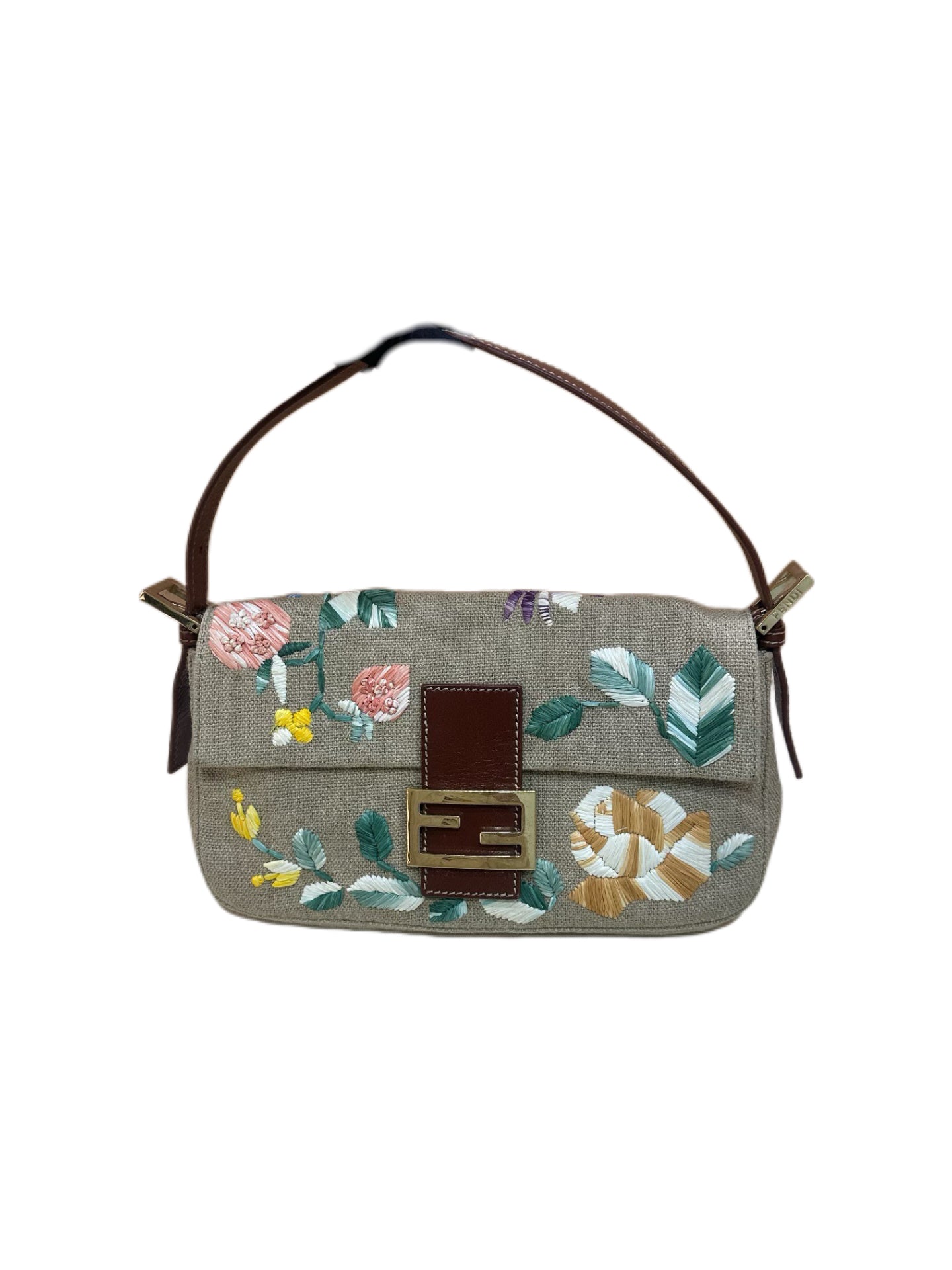 Fendi Embroidered Floral Linen Baguette Shoulder Bag – Vintage FF Logo Clasp Bag