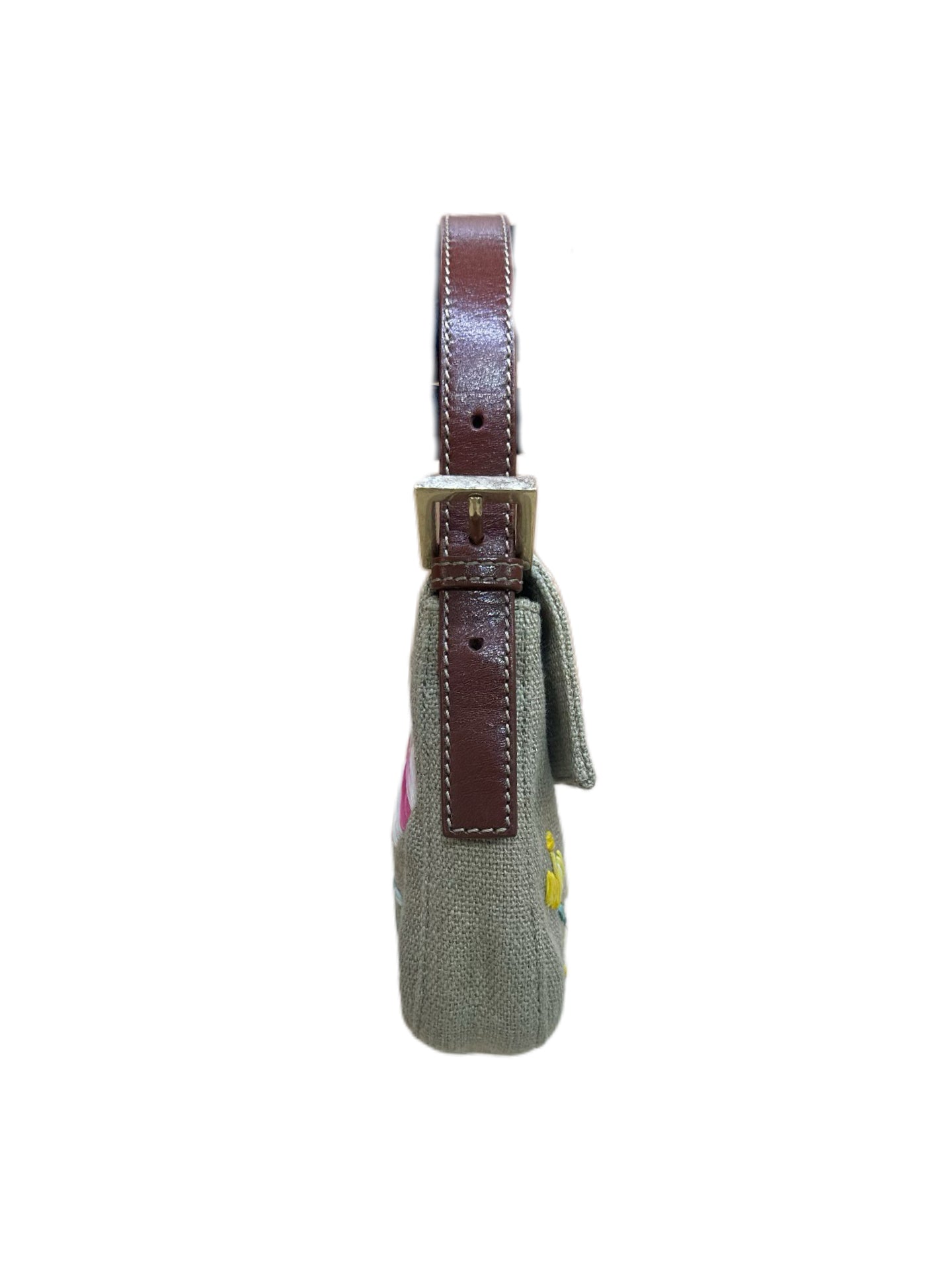 Fendi Embroidered Floral Linen Baguette Shoulder Bag – Vintage FF Logo Clasp Bag
