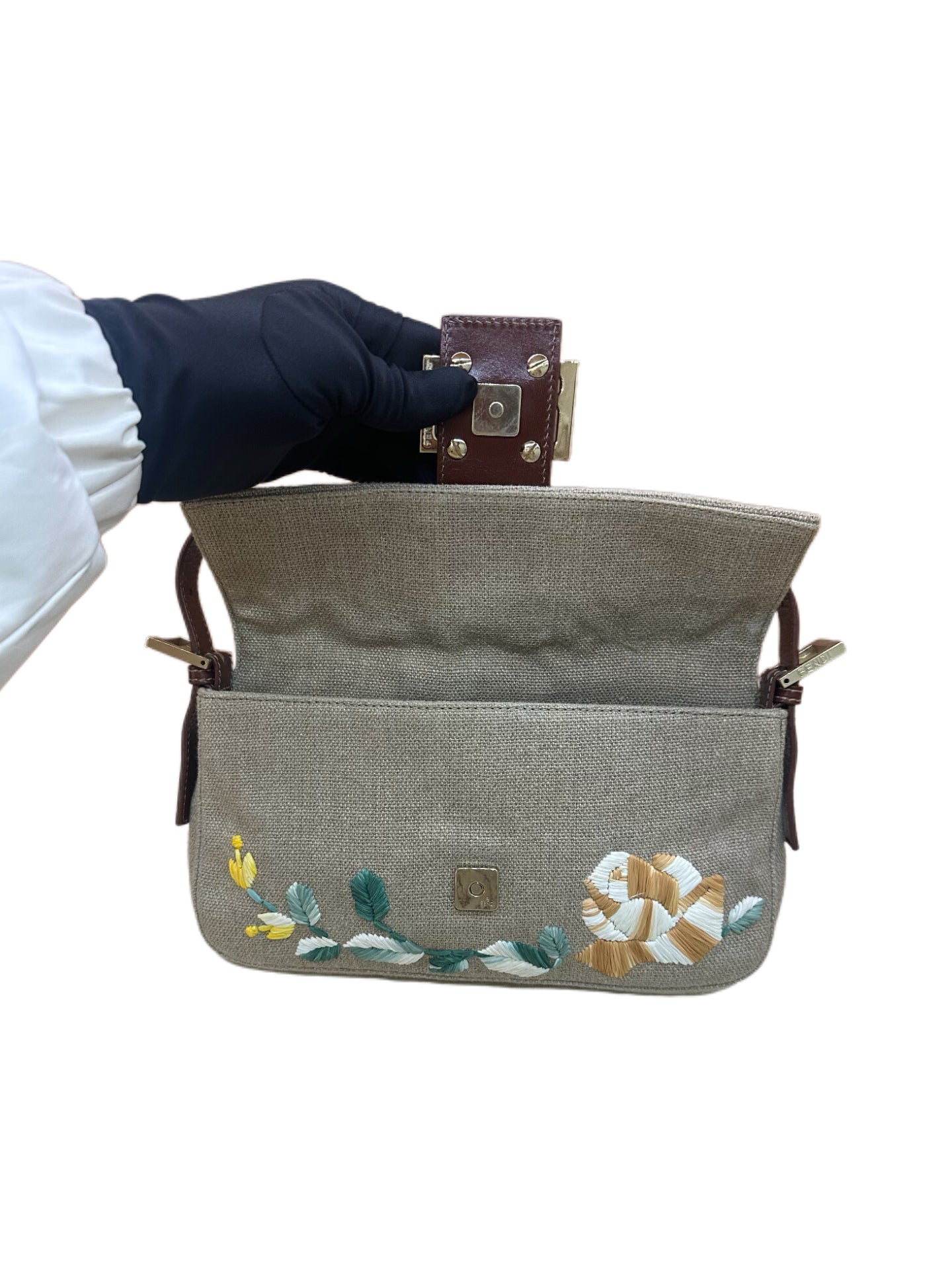 Fendi Embroidered Floral Linen Baguette Shoulder Bag – Vintage FF Logo Clasp Bag