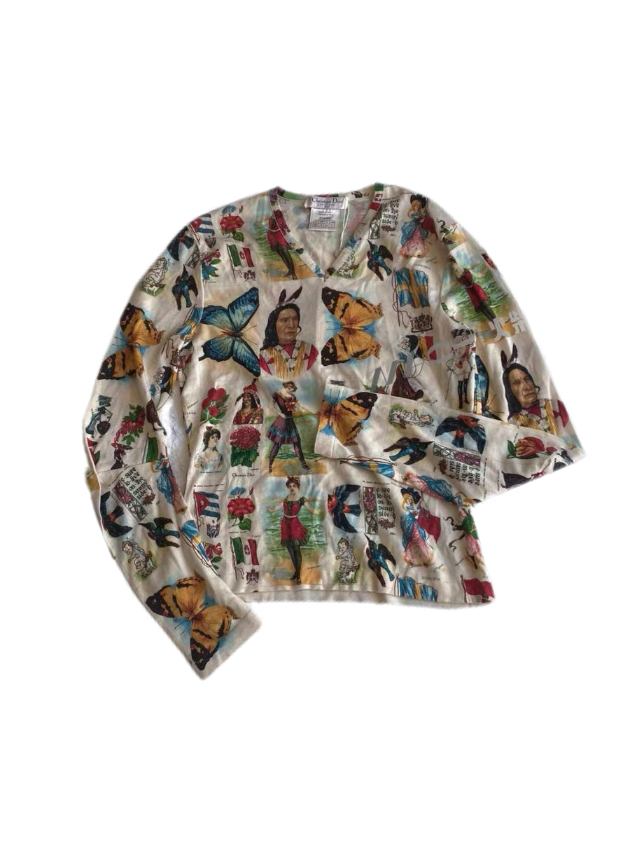 Christian Dior by John Galliano 2002 Graphic Portrait & Butterfly Print Lace-Up Top – Rare Archive Piece