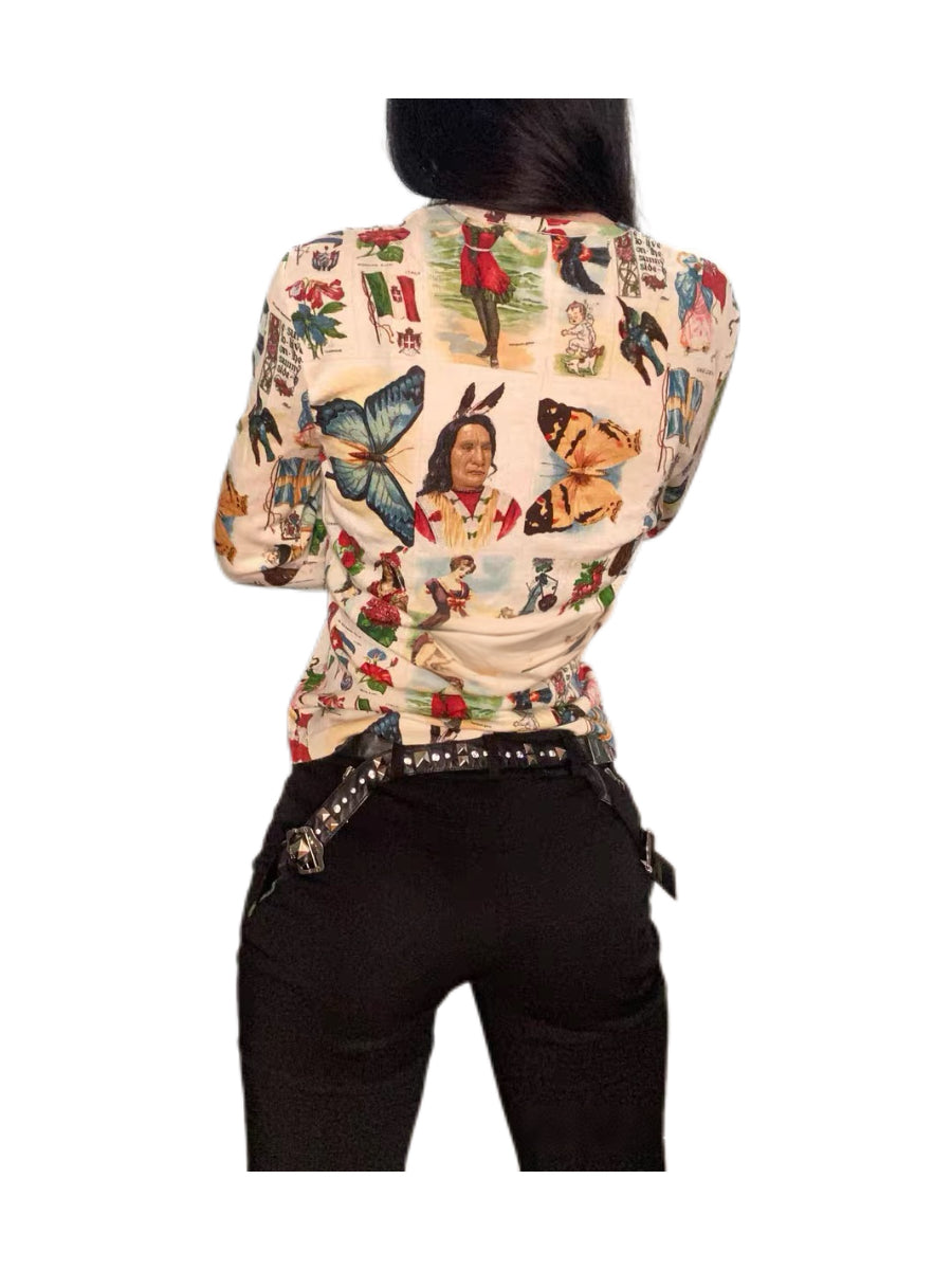 Christian Dior by John Galliano 2002 Graphic Portrait & Butterfly Print Lace-Up Top – Rare Archive Piece