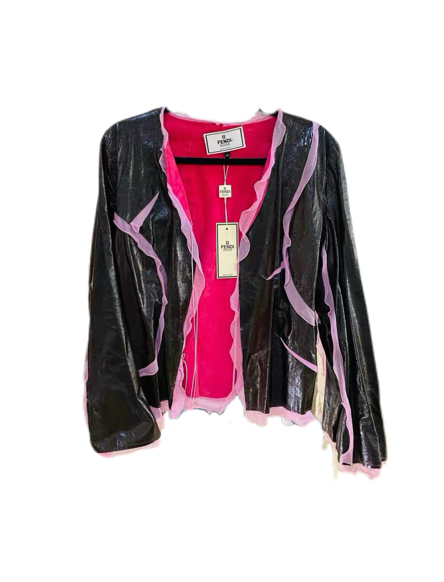 Fendi Early 2000s Runway Leather & Silk Panel Jacket – Deconstructed Sheer Trim Archive Piece