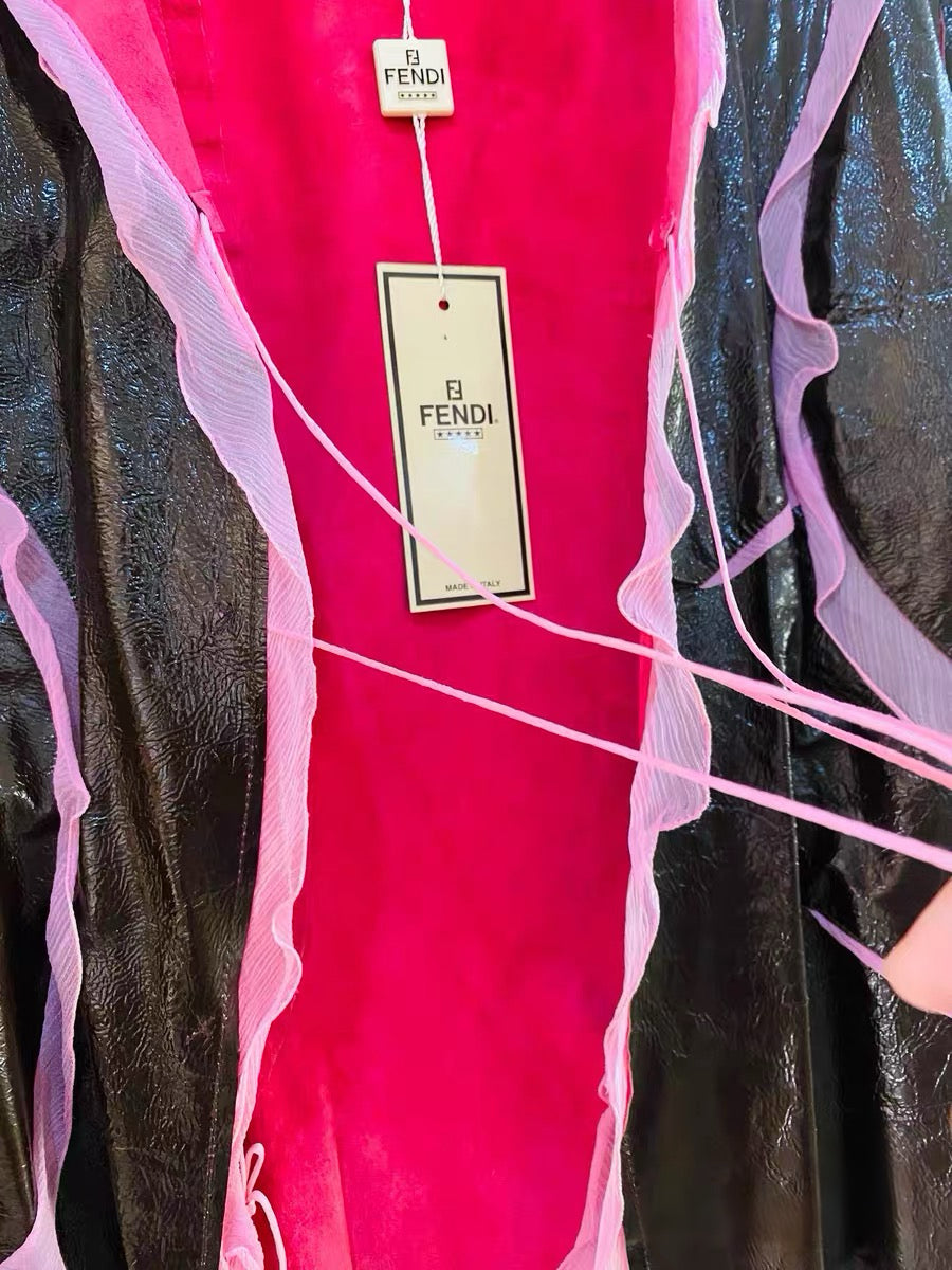 Fendi Early 2000s Runway Leather & Silk Panel Jacket – Deconstructed Sheer Trim Archive Piece