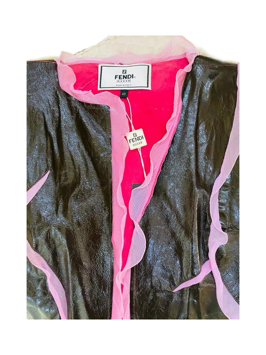 Fendi Early 2000s Runway Leather & Silk Panel Jacket – Deconstructed Sheer Trim Archive Piece