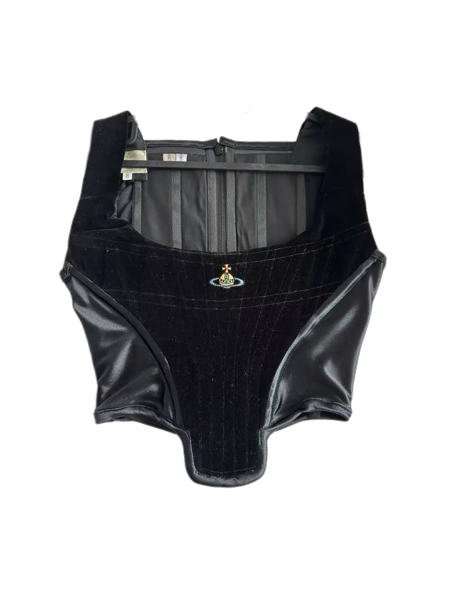 Vivienne Westwood Black Velvet Structured Corset Top – Rare Archive Orb Embroidered Bustier
