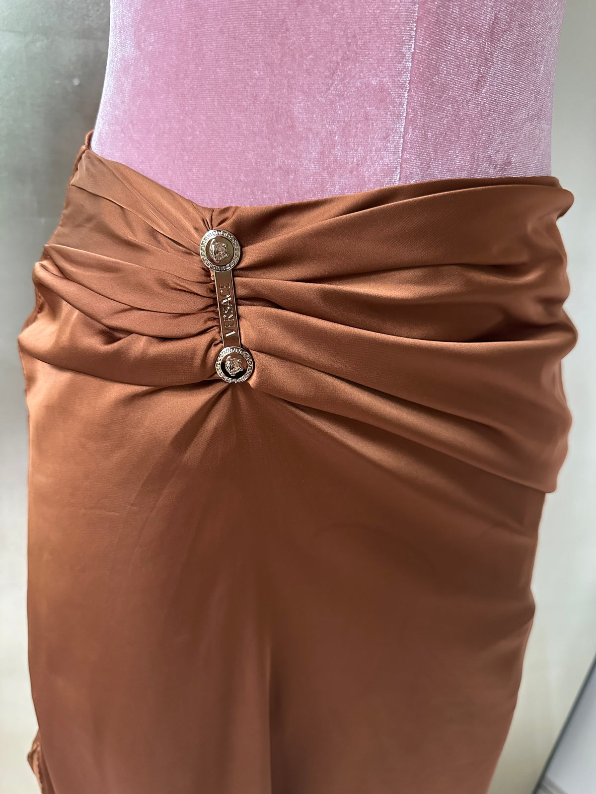 Versace Silk Draped Medusa Pin Skirt
