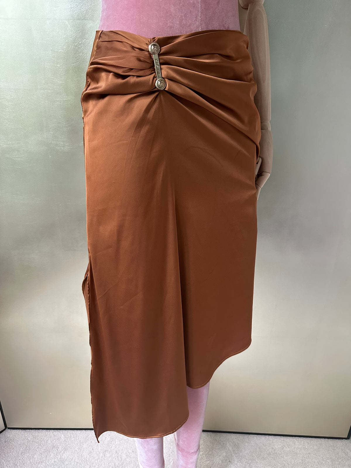 Versace Silk Draped Medusa Pin Skirt