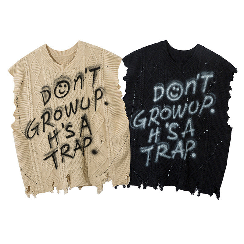 DON’T GROW UP Graffiti Distressed Knit Vest – Beige / Black