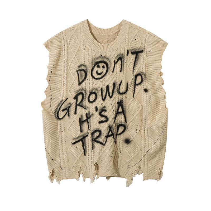 DON’T GROW UP Graffiti Distressed Knit Vest – Beige / Black