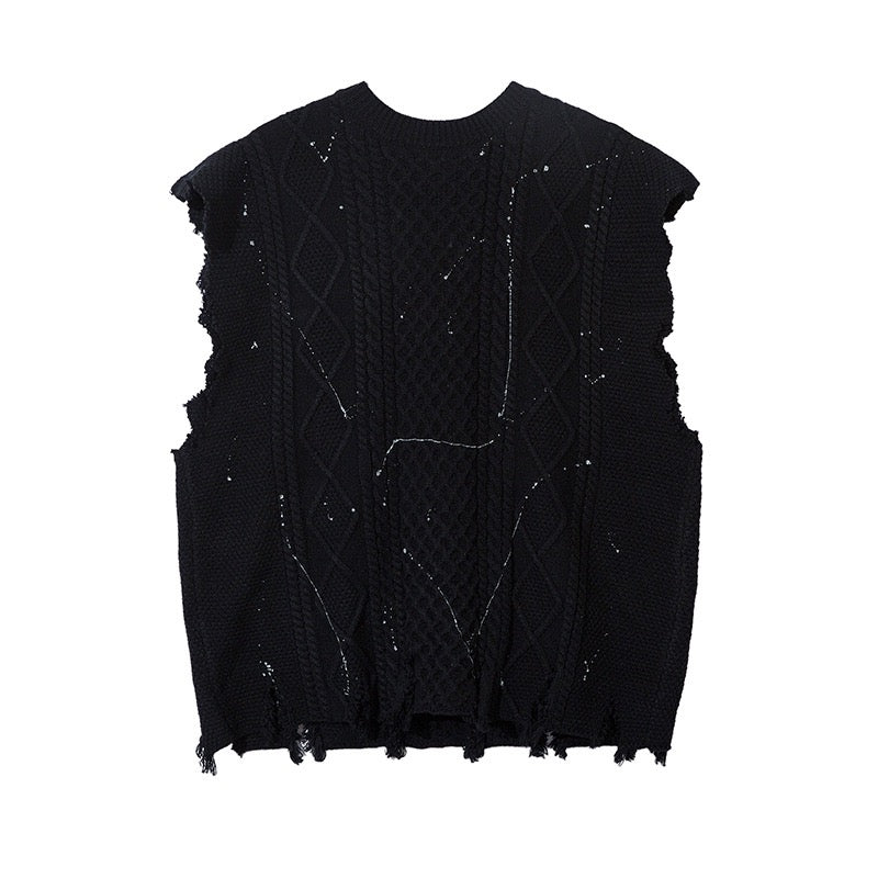 DON’T GROW UP Graffiti Distressed Knit Vest – Beige / Black