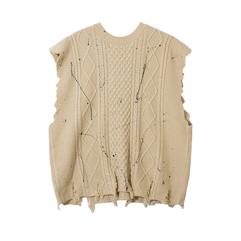DON’T GROW UP Graffiti Distressed Knit Vest – Beige / Black