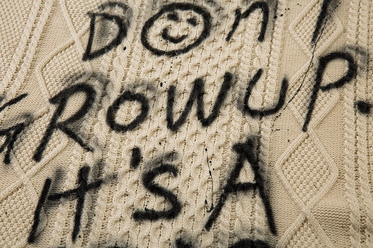 DON’T GROW UP Graffiti Distressed Knit Vest – Beige / Black
