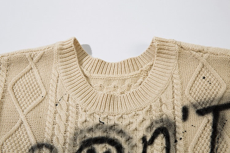 DON’T GROW UP Graffiti Distressed Knit Vest – Beige / Black